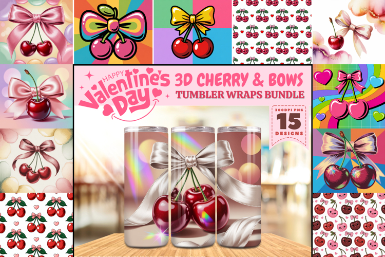 Valentine’s Day 3D Cherry & Bows Tumbler Wrap PNG Big Bundle