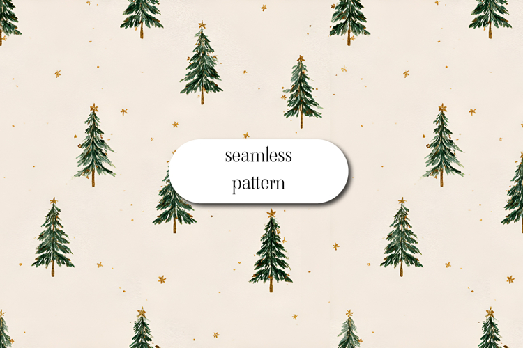 Christmas Tree Seamless Pattern with Golden Stars