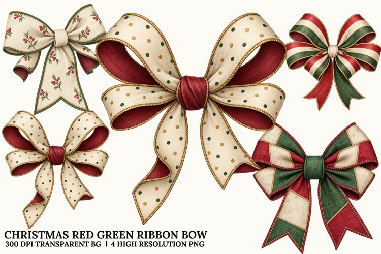 Christmas Red Green Bow PNG, Festive Ribbon Sublimation Art example image 1