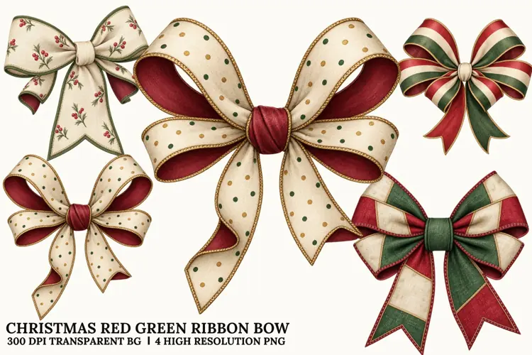 Christmas Red Green Bow PNG, Festive Ribbon Sublimation Art