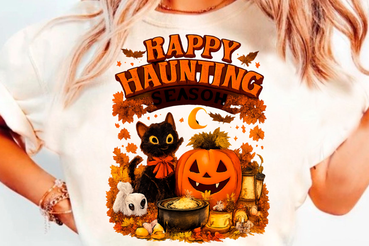 Happy Haunting Season Halloween Cat Pumpkin T-Shirt Design