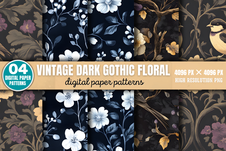 Vintage Dark Gothic Floral Digital Paper Background PNG