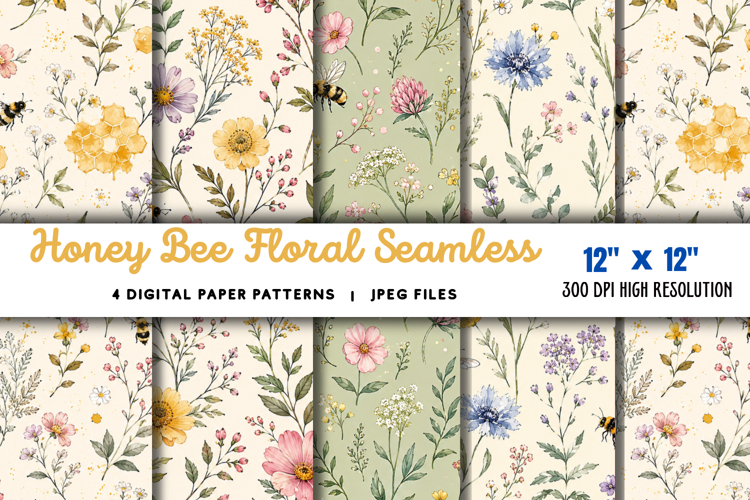 Honey Bee Floral Seamless Digital JPG