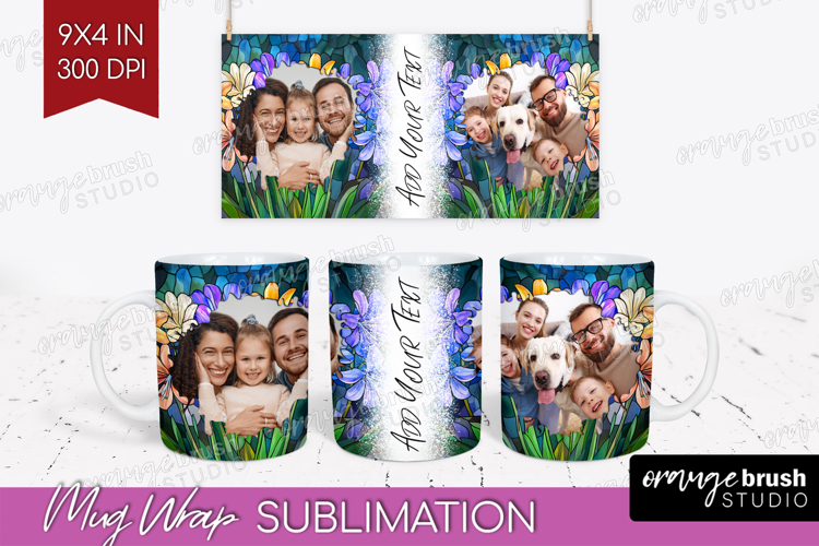 Stained Glass Photo Mug Wrap PNG - Flowers Picture Frame Mug