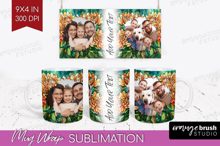 Stained Glass Photo Mug Wrap PNG - Flowers Picture Frame Mug