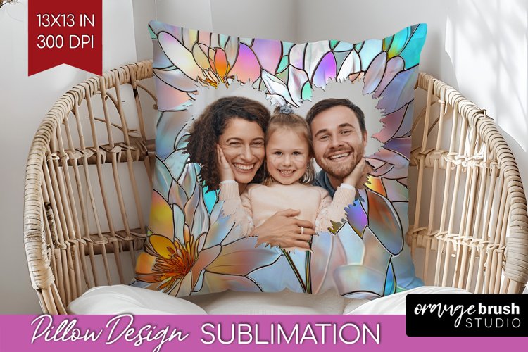 Stained Glass Photo Pillow PNG - Flowers Picture Frame Cover
