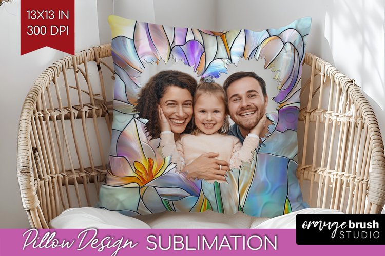 Stained Glass Photo Pillow PNG - Flowers Picture Frame Cover