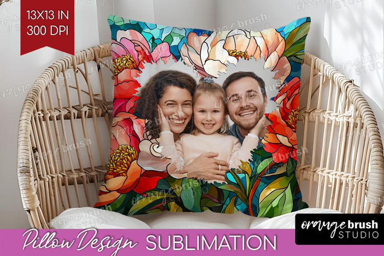 Stained Glass Photo Pillow PNG - Flowers Picture Frame Cover