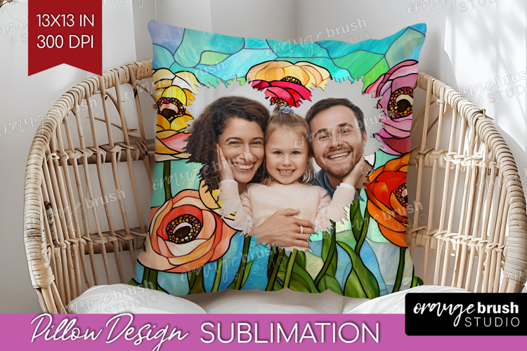 Stained Glass Photo Pillow PNG - Flowers Picture Frame Cover
