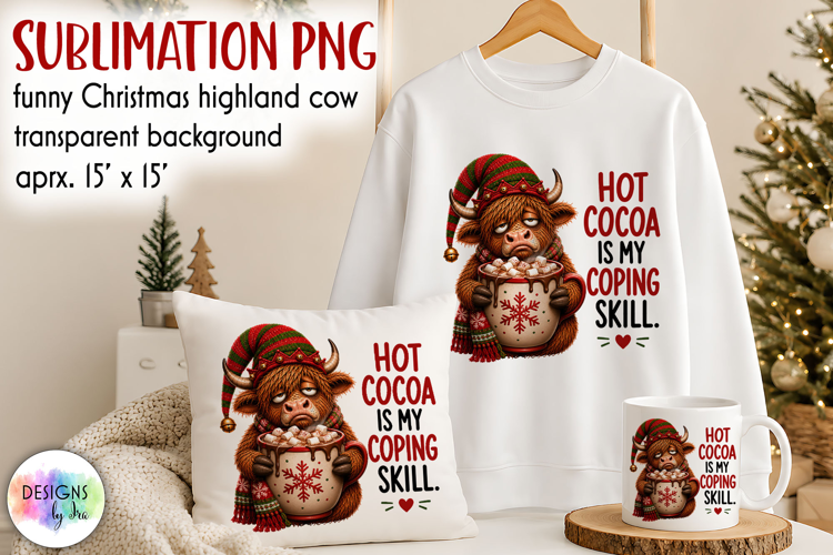 Hot Cocoa Highland Cow Christmas Sublimation PNG