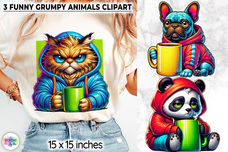Funny Grumpy Animals Clipart, Coffee Mood Cartoon Character