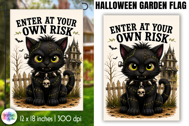 Halloween Garden Flag, Black Cat Warning PNG