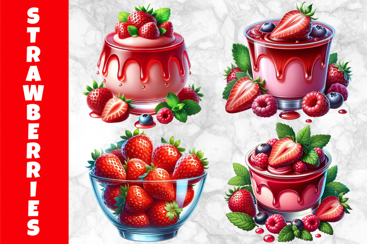 Strawberry Yogurt and Fruit Bowl Clipart, Fresh Strawberries