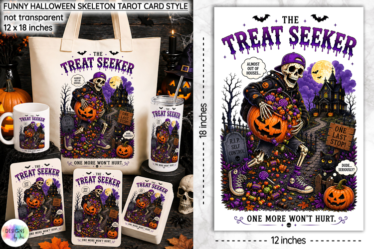 Funny Halloween Tarot Card, Treat Seeker Skeleton PNG