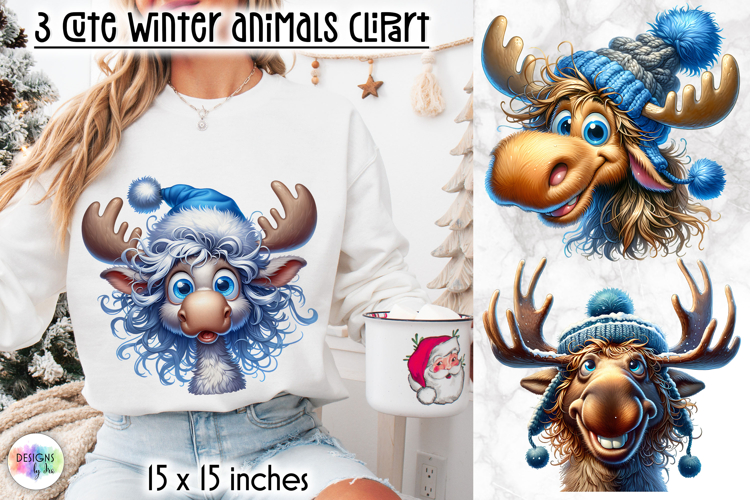 Cute Winter Animals in Blue Hat Clipart, Funny Baby Moose
