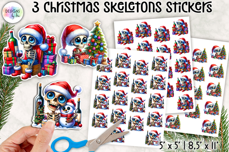 Cute Christmas Skeleton Stickers, Funny Santa Skull Stickers