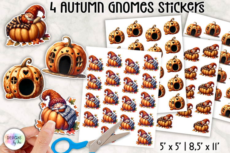 Autumn Gnome Stickers, Cute Fall Harvest Pumpkin and Leaves