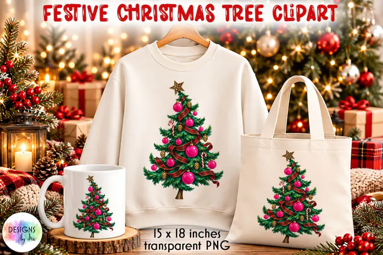 Tartan Christmas Tree PNG with Pink Baubles and Leopard Star