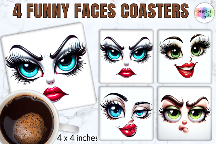 Funny Faces Coasters, Cute Emoji Face Sublimation Designs