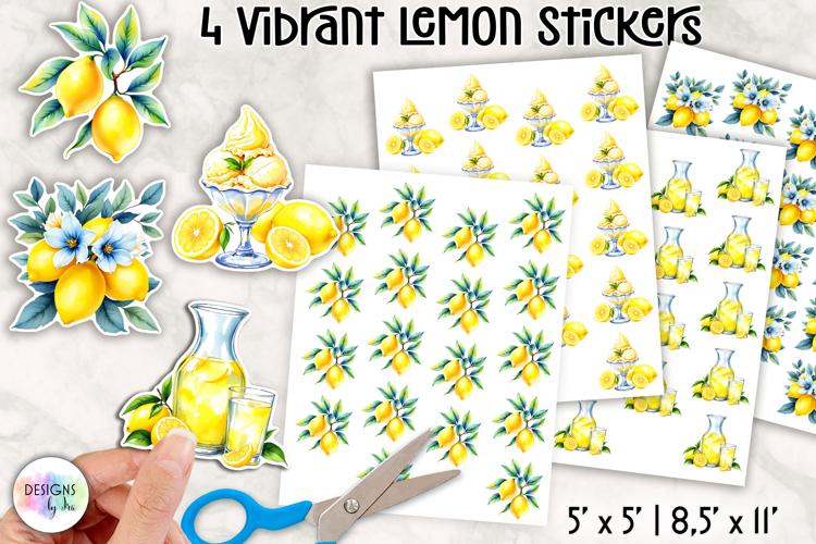 Vibrant Lemon Stickers, Citrus Illustrations, Printable PNG