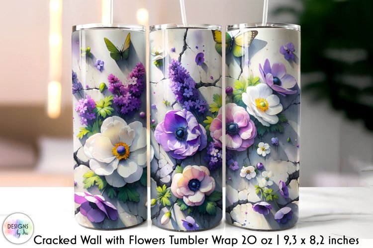 3D Cracked Wall Flowers Tumbler Wrap, Floral Tumbler Design example image 1