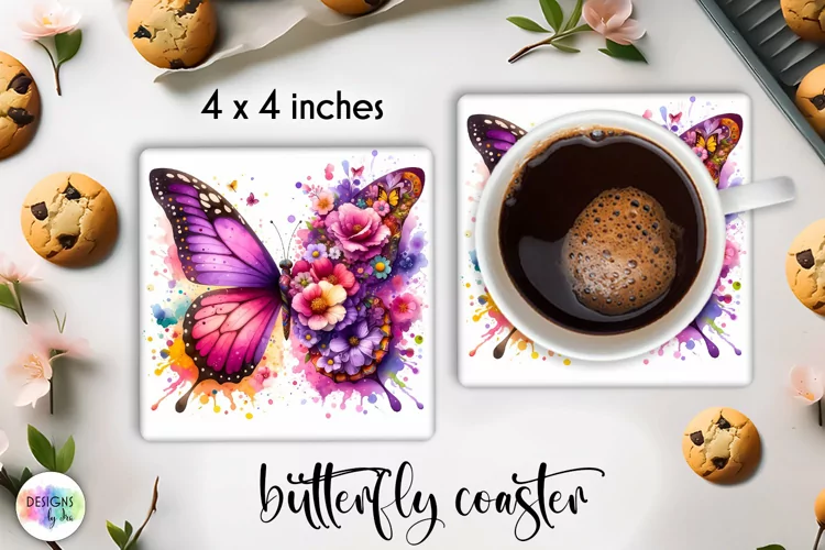Floral Butterfly Coaster | Watercolour Butterfly Coaster PNG