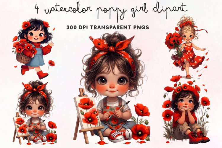 Watercolor Poppy Girl Clipart PNG
