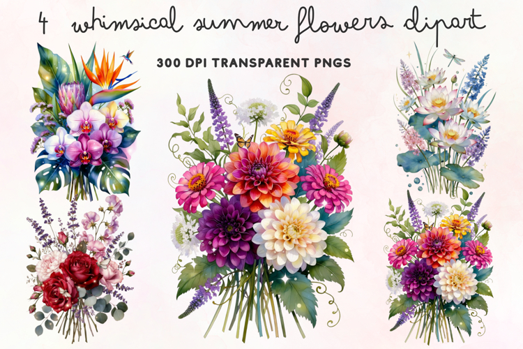Whimsical Summer Flowers Clipart PNG