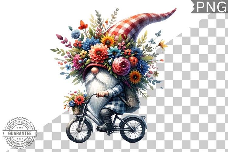 Floral Crown Gnome Rides A Bike Sublimation Clipart Design