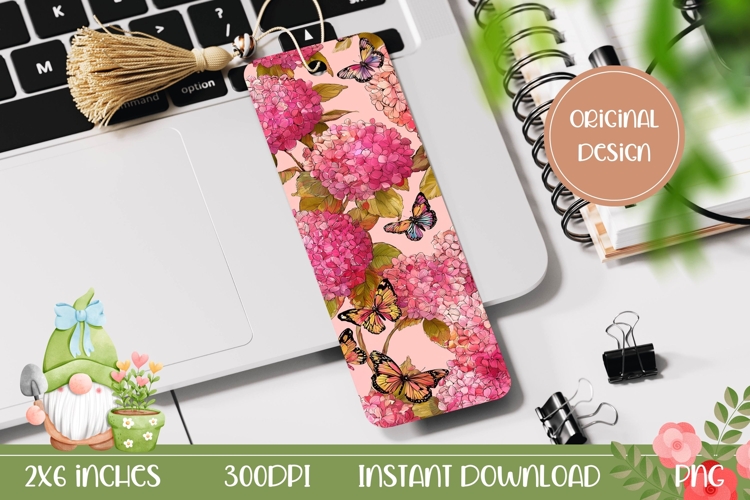 Butterfly Bookmark Printable, Pink Hydrangea Bookmark Print