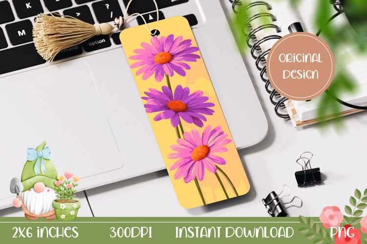 Yellow Bookmark Design, Purple Gerbera Bookmark Template