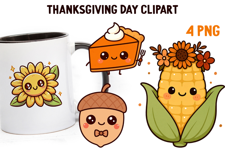 Cute Kawaii Thanksgiving Clipart | Fall Pumpkin Turkey PNG
