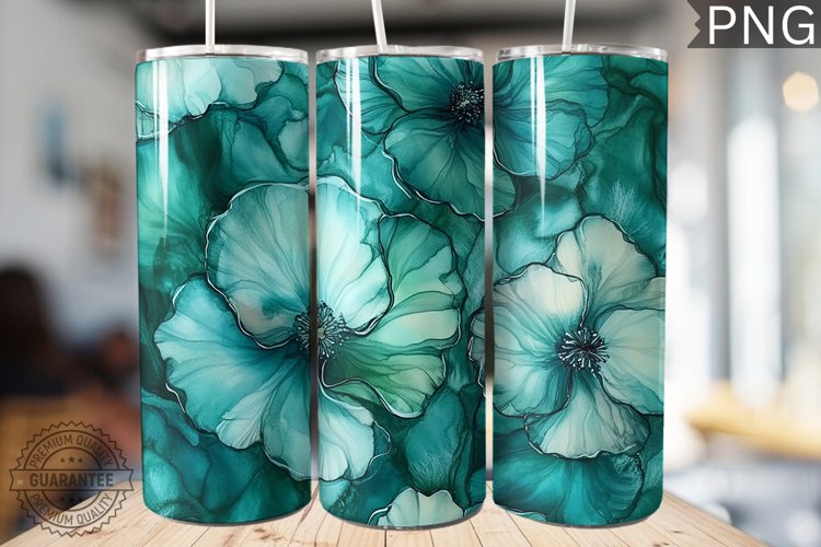 Teal Alcohol Ink Flower Tumbler Wrap -High Quality 300 Dpi