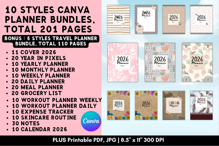 10 Styles Printable Canva Planner Template Bundles