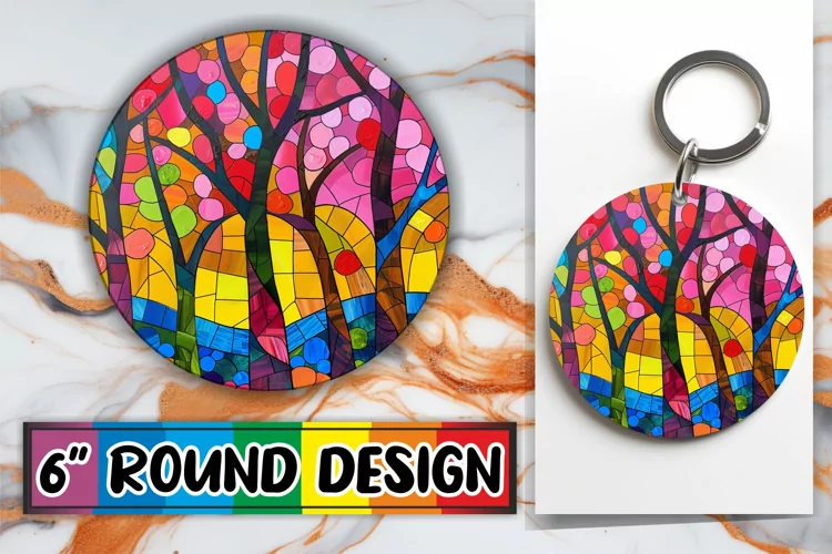 Colorful Stained Glass Tree Round Design Sublimation Keychai