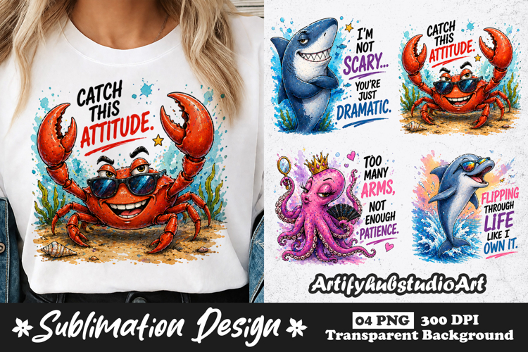 Funny Sea Animal Sublimation Crab Shark Dolphin Attitude PNG example image 1