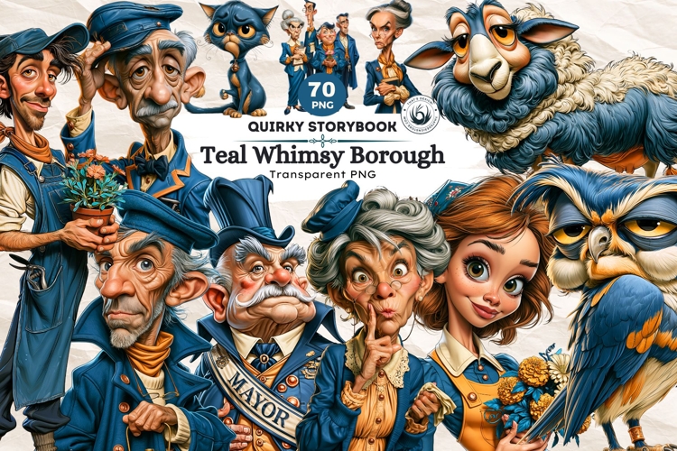 Teal Whimsy Borough Quirky Character Clipart storybook PNG