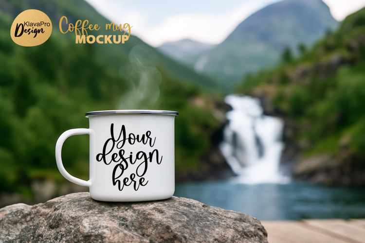 Camping Mug Mockup Enamel Cup Waterfall Rock Nature