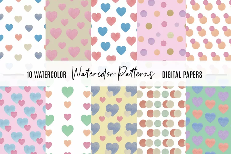 Watercolor Seamless Patterns Hearts Dots Mix Digital Prints
