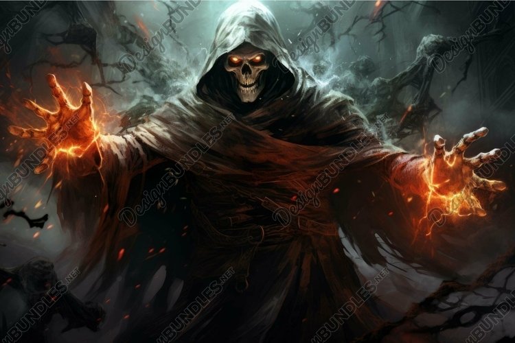Dark sorcerer conjuring fire magic in enchanted forest example image 1