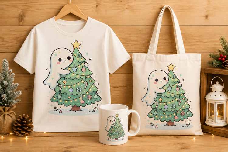 Cute Ghost Hugging Pastel Christmas Tree Holiday Art Print