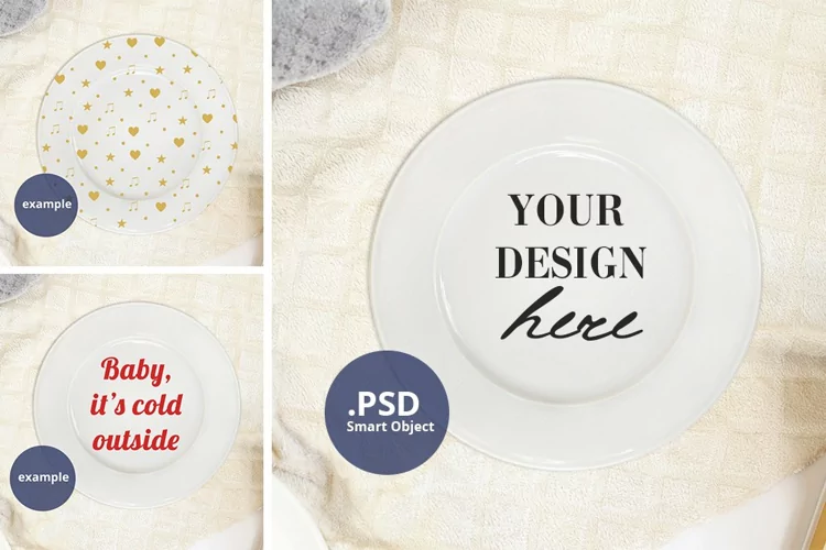 Round White Plate Mockup Plain Background Full Wrap PSD JPG