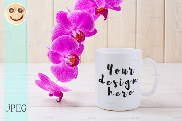White coffee mug mockup with purple orchid example image 1
