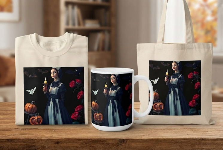 Gothic Halloween Nurse PNG with Candle, Bats & Roses