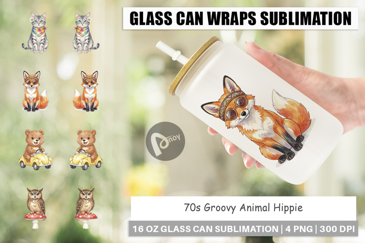 70s Groovy Animal Hippie Glass Can