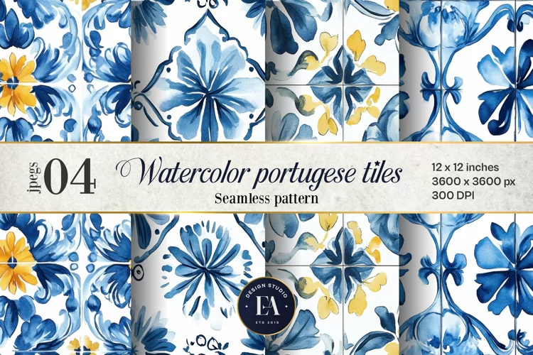 Portuguese Watercolor Tile Pattern, Blue and white tiles