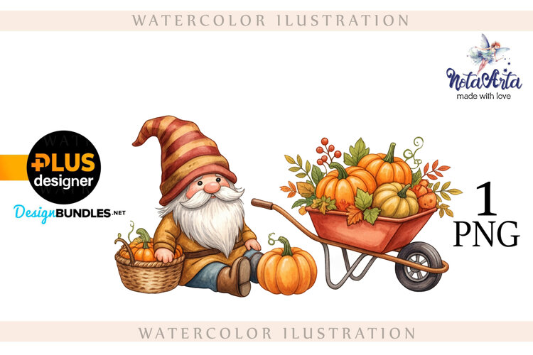 Gnomes with Pumpkin Harvest in Watercolor Style example image 1