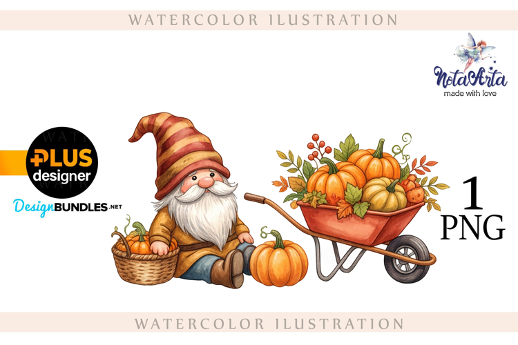 Gnomes with Pumpkin Harvest in Watercolor Style