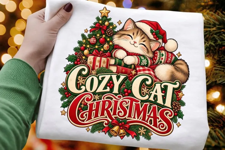 Cozy Cat Christmas Illustration, Cute Sleeping Kitten
