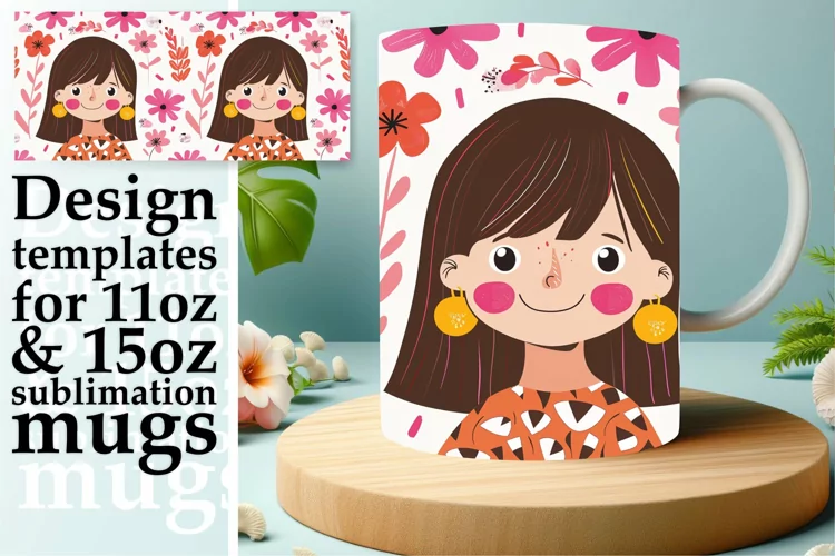 Chic Female Portrait Mug Wrap with Flowers 11oz/15oz